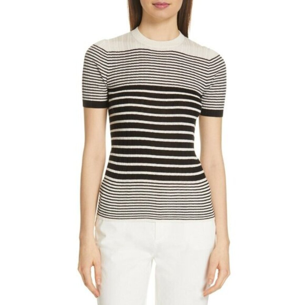 ATM Knit Top Striped Short Sleeve Silk Cashmere Light Sweater SZ L NWT $295